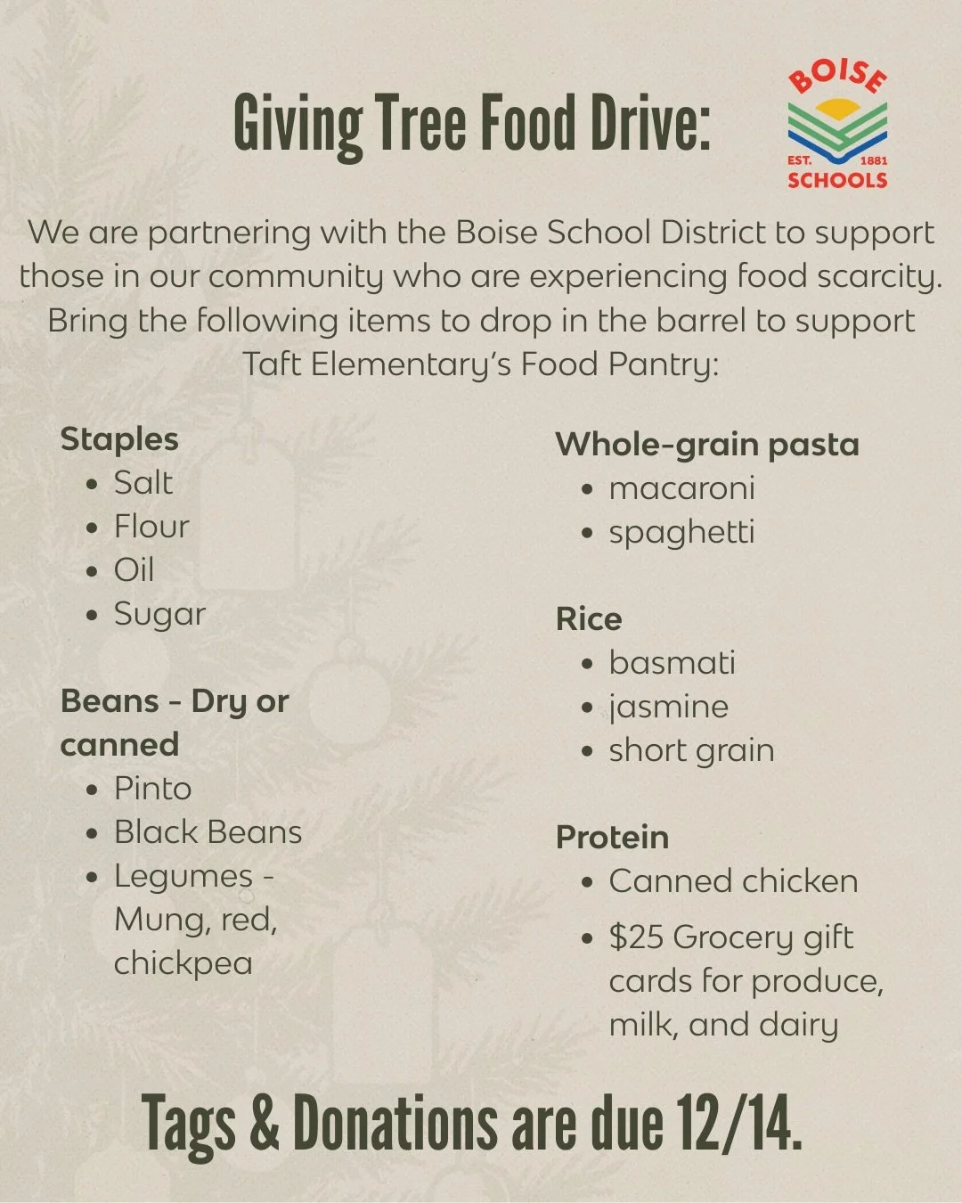 @taftelem is one of our partners for Giving Tree this year. Make sure to bring in one of the pantry or shelf stable items, gift cards by 12/14!