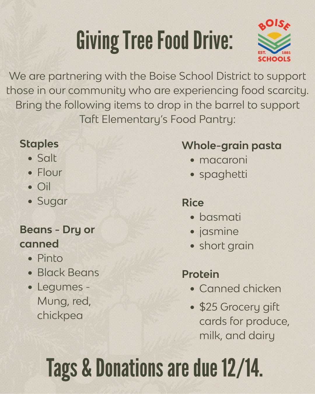 @taftelem is one of our partners for Giving Tree this year. Make sure to bring in one of the pantry or shelf stable items, gift cards by 12/14!