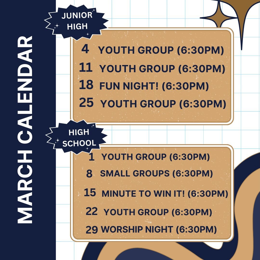 Keep up with us this March! It starts tonight at 6:30 with High School youth 👀📖🙏