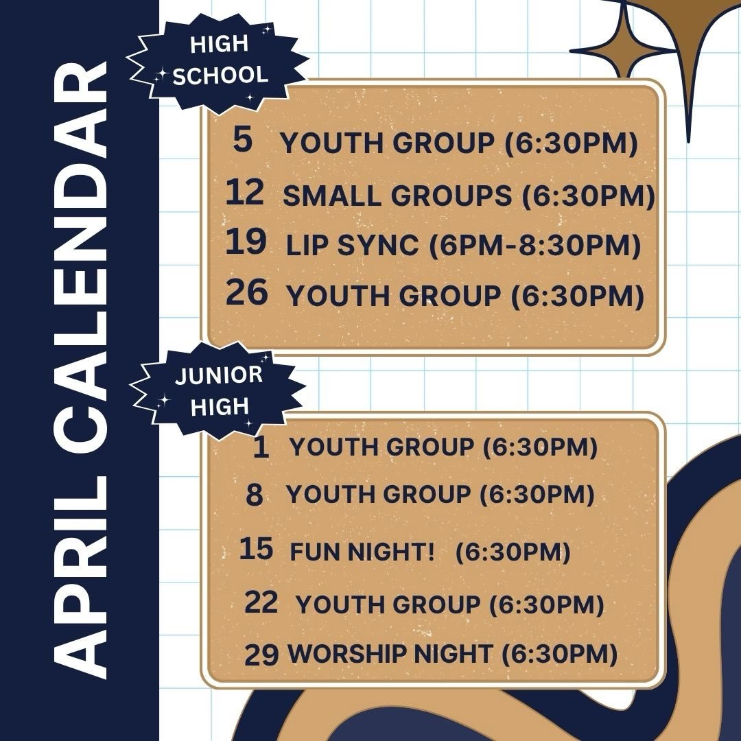 In case you missed it, here is our schedule for April! Excited to have ALL students aged 6th-12th together on the 19th for our Lip Sync Battle!