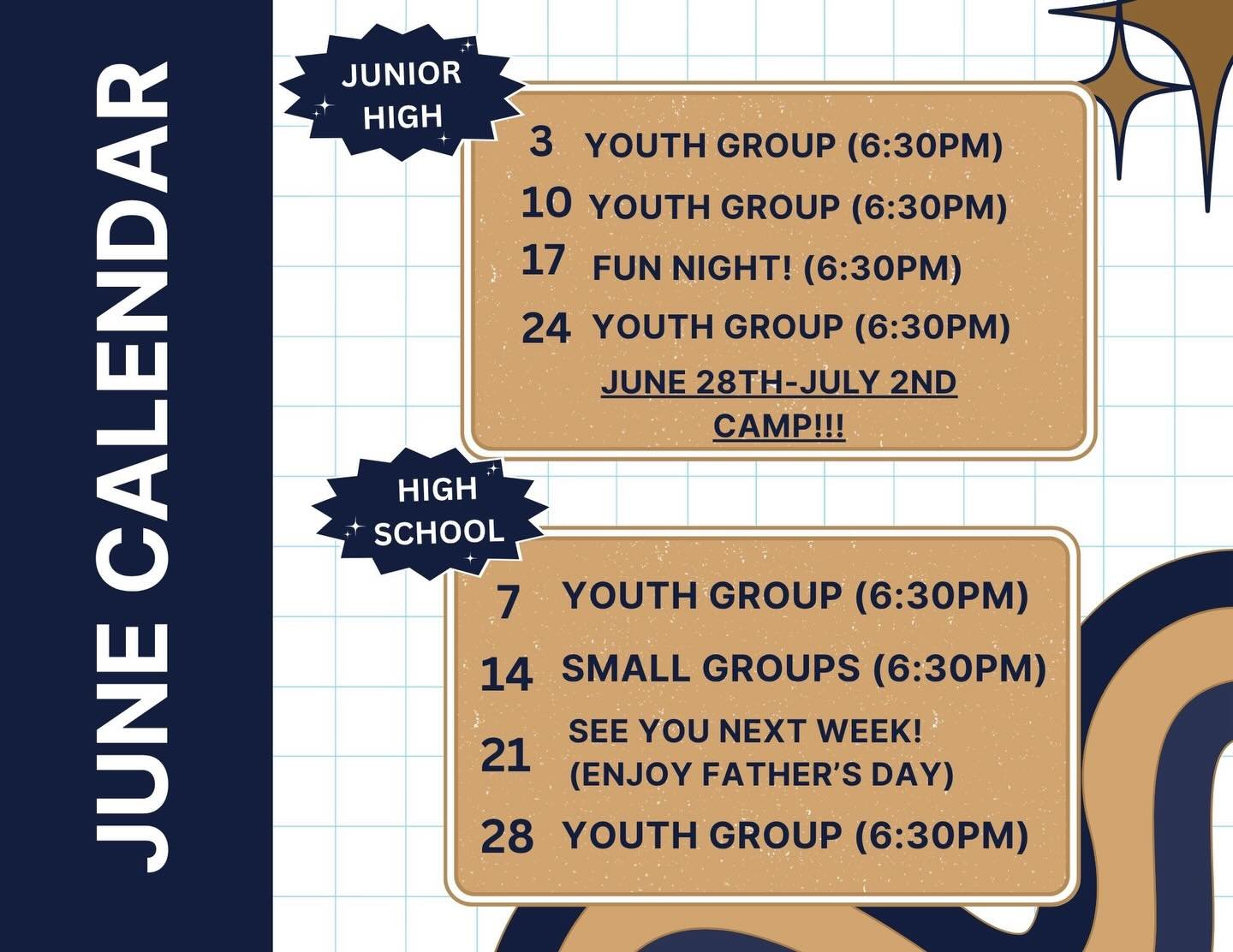Keep up with us this June! It starts Wednesday with Junior High youth 👀📖🙏