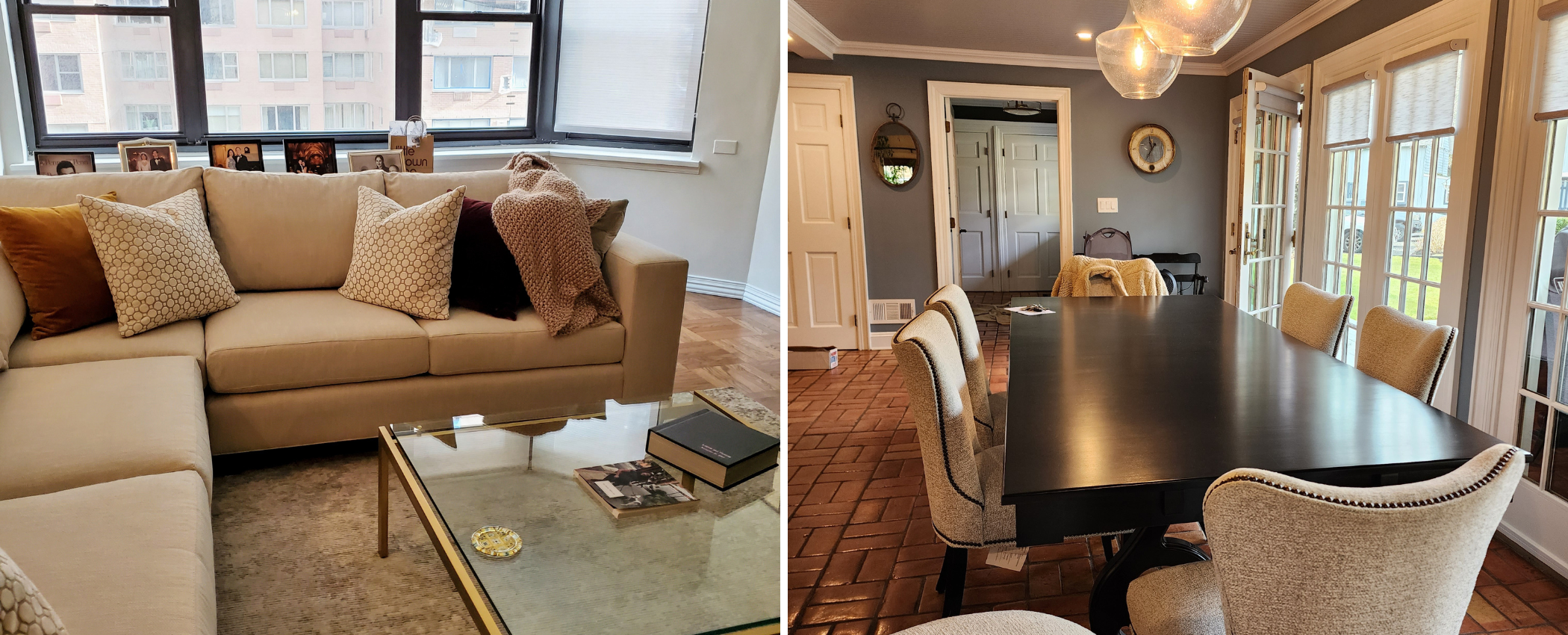 Manhattan apartment living room with beige sectional beside elegant dining area featuring upholstered chairs and French doors