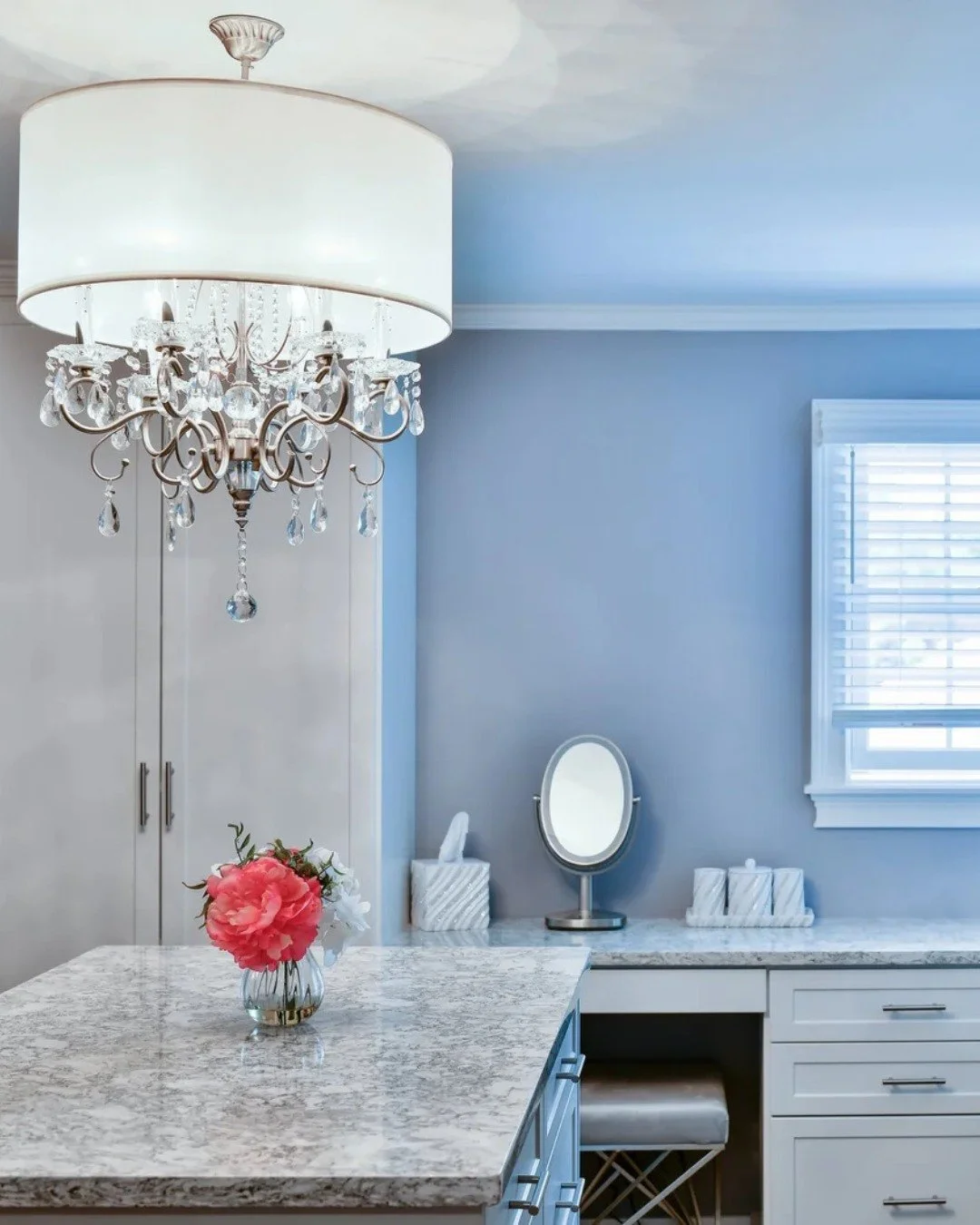 Still thinking about this Massapequa primary suite transformation. We converted a small, cramped bedroom into a luxurious walk-in closet with a stunning Crystorama crystal chandelier. Glamorous touches in the closet don&rsquo;t have to be reserved fo