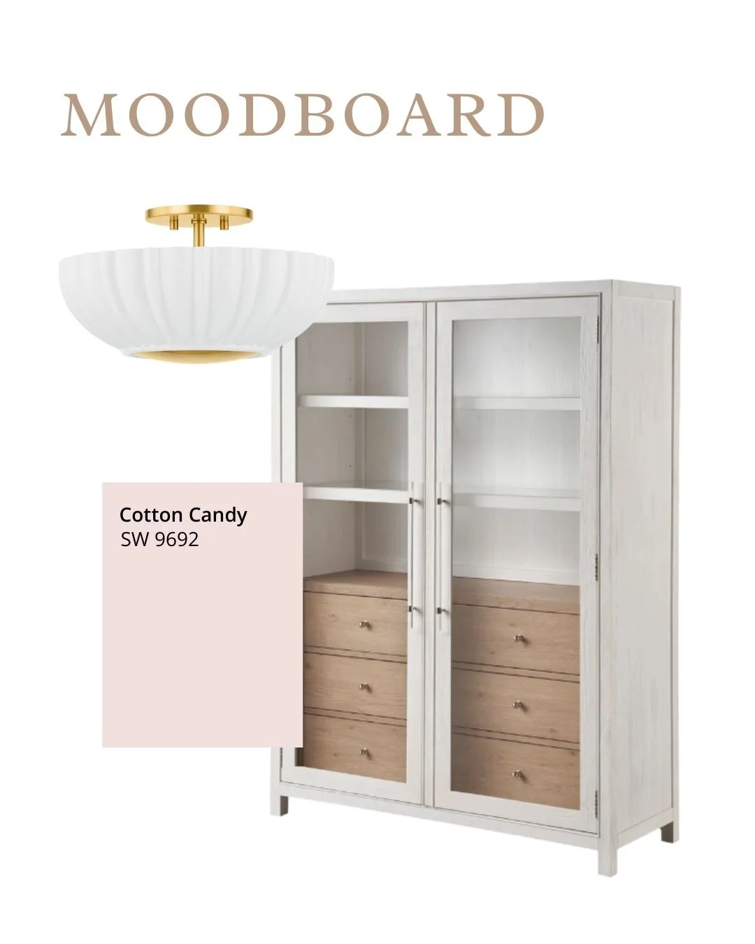 Designing the perfect guest bedroom for the Hallmark Cottage with Sherwin Williams Cotton Candy, a Two Light Flush Mount in Aged Brass from Mitzi Lighting, and the Universal Weekender Coastal Living Home Collection cabinet. This sweet blush palette c