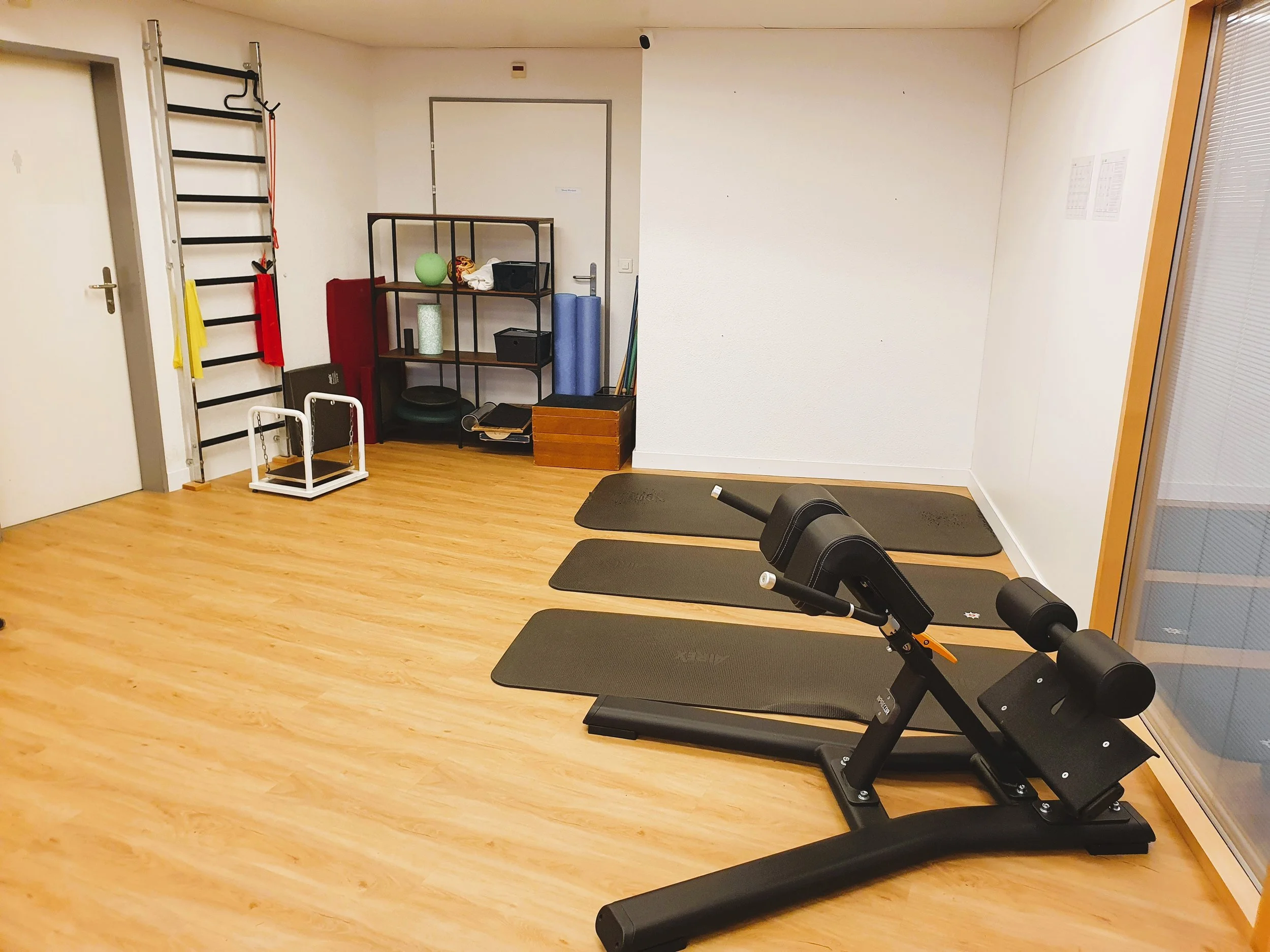 Ein Fitnessraum mit drei Yogamatten, einer Rudergerät, Gewichts- und Fitnessgeräte auf einer schwarzen Regalwand, einem schwarzen Metallrahmen mit Gymnastikbällen, Hanteln und Übungszubehör, sowie einer Tür, die eine Wand mit Fitnessgeräten trennt.