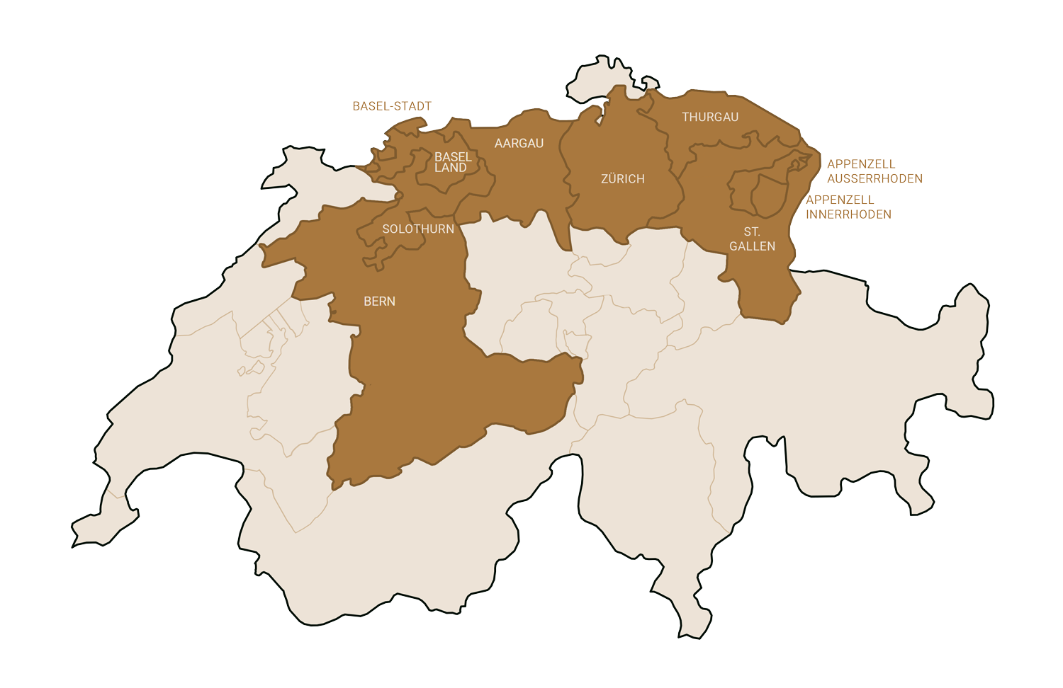 Karte der Schweiz mit hervorgehobenen Regionen wie Basel-Landschaft, Aargau, Zürich, Thurgau, St. Gallen, Appenzell und Bern, wobei einige Gebiete hervorgehoben sind.