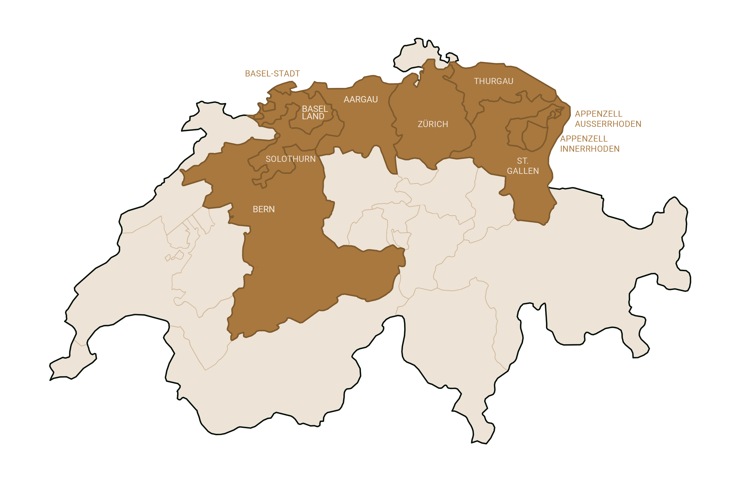 Karte von Schweiz mit verschiedenen Bezirken markiert, darunter Basel-Stadt, Basel-Land, Aargau, Zürich, Thurgau, St. Gallen, Bern, Solothurn. Einige Bezirke sind hervorgehoben oder mit Namen versehen.