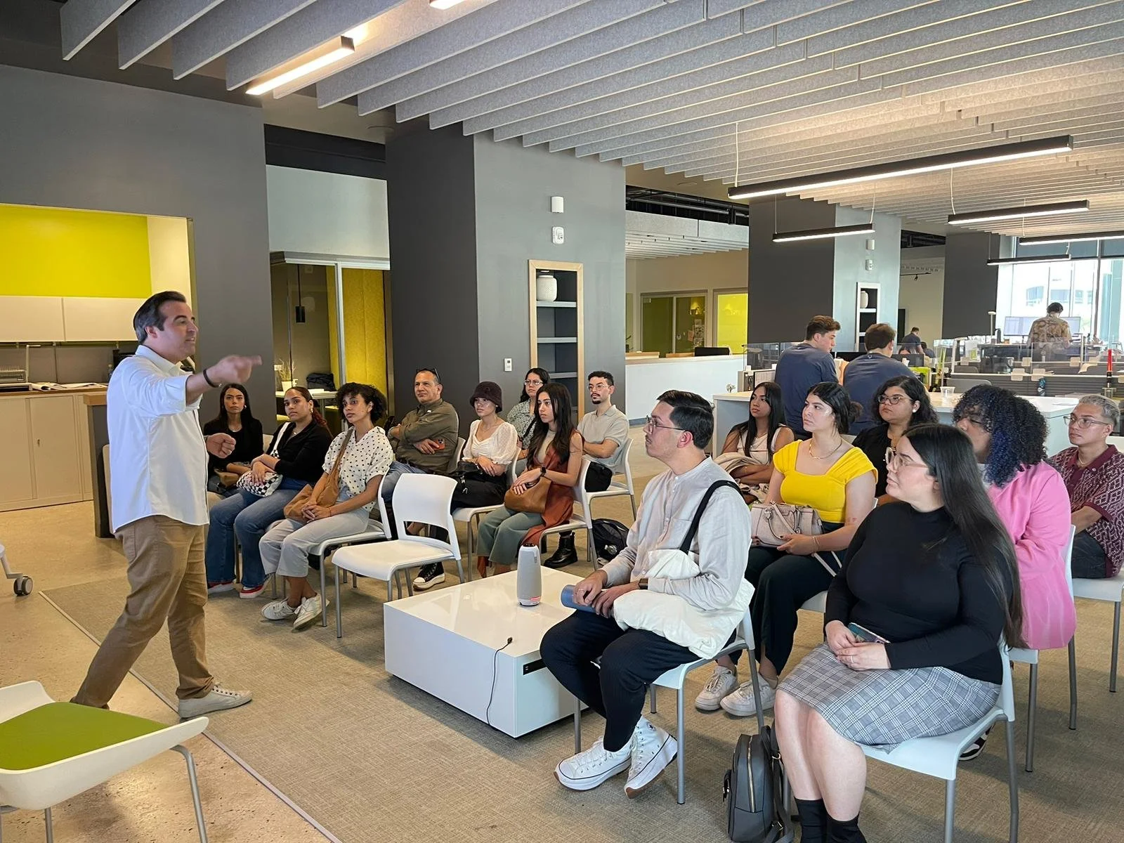 Our Co-Founder speaking to visiting college students at the office.