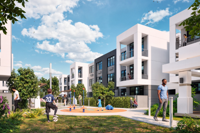 Conceptual rendering of an affordable housing community.