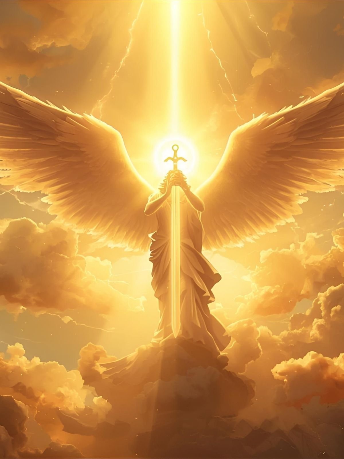 A radiant angelic figure with large golden wings holding a glowing sword, standing on a cloud, with a bright light and lightning in the sky behind, creating a divine and powerful scene.