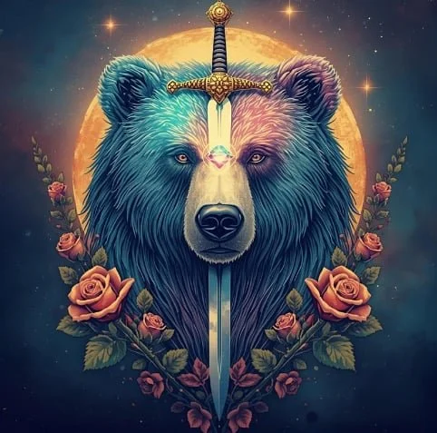 A bear's face with a sword vertically through the middle, set against a full moon with roses and leaves surrounding the bear.
