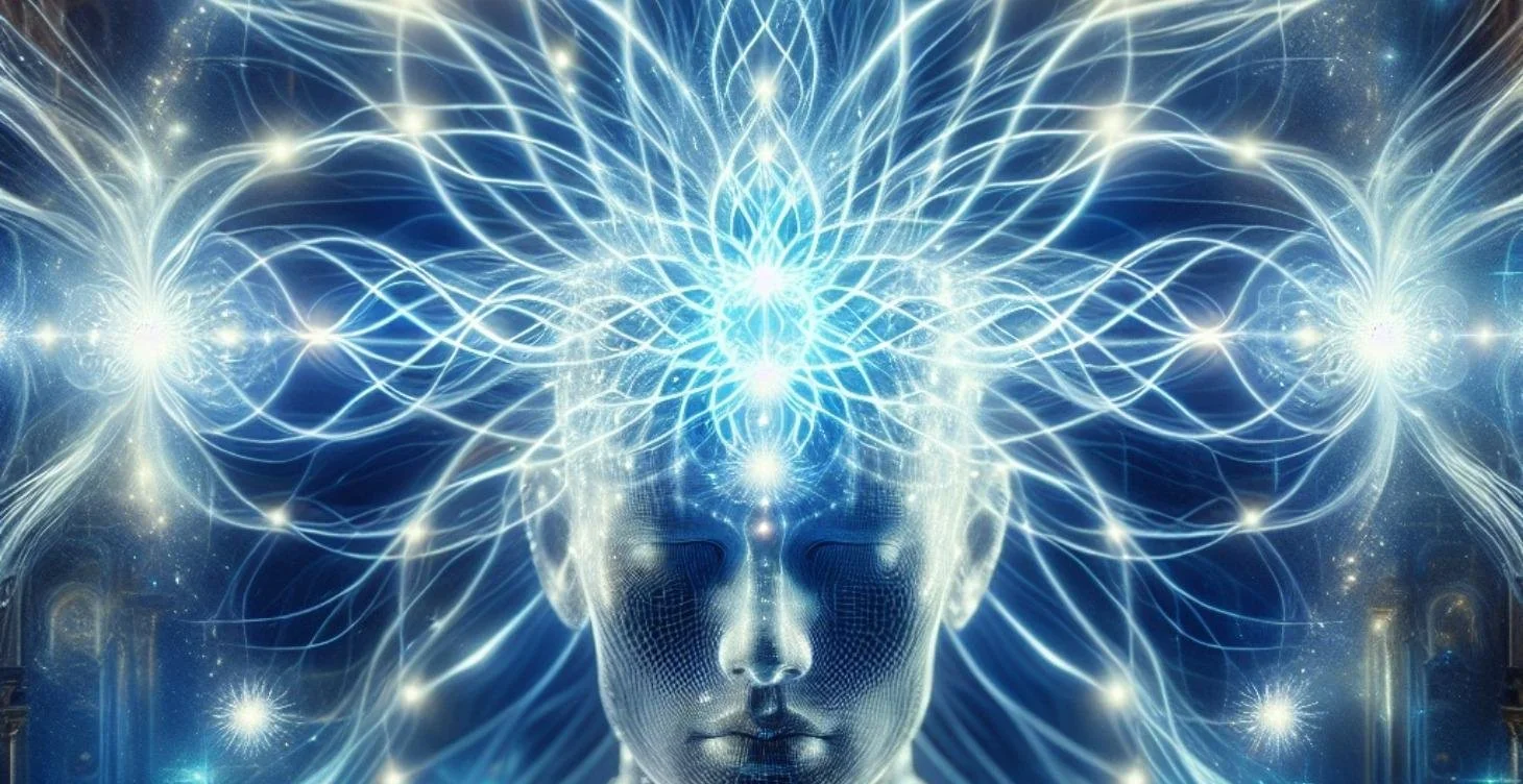 Digital illustration of a human face with a transparent wireframe skull, surrounded by glowing, interconnected neural network patterns and bright points of light representing synapses or energy transmissions.