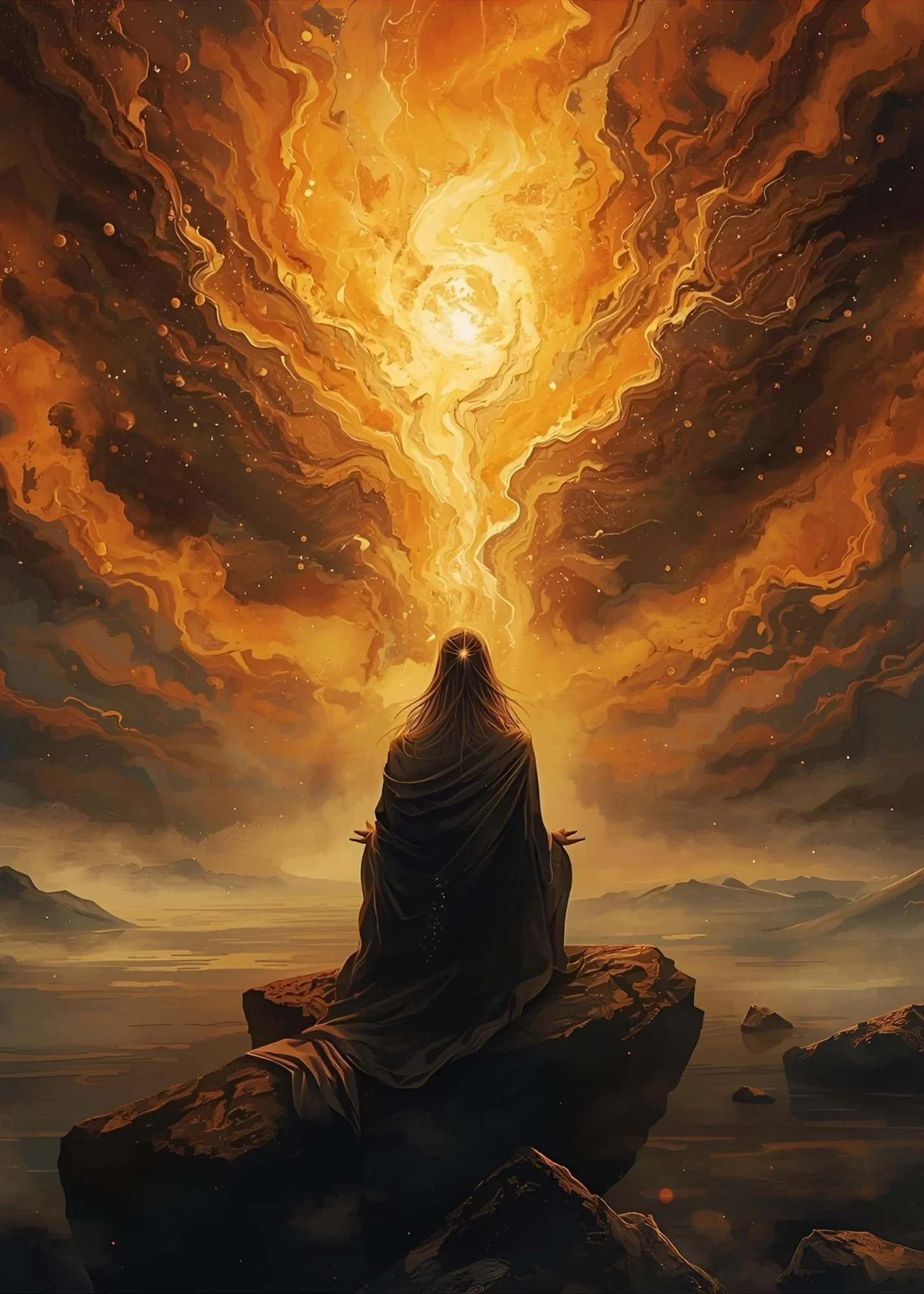 A mysterious woman with long hair and a dark cloak sits on a rock by a lake, watching a swirling nebula of bright orange and yellow light in the sky, resembling a cosmic explosion or energy.