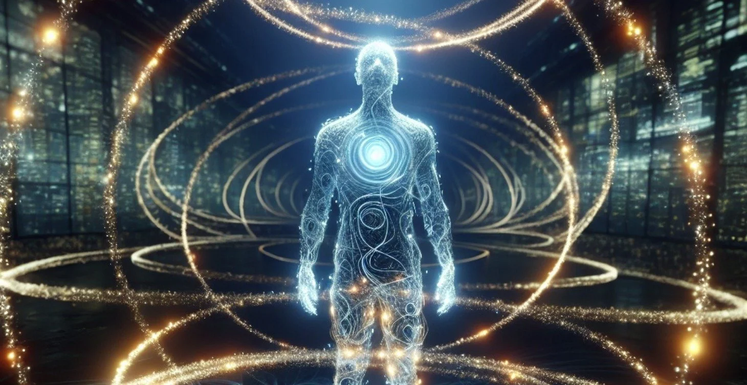 Digital hologram of a human figure with a glowing center of the chest, surrounded by swirling golden light trails in a futuristic cityscape.