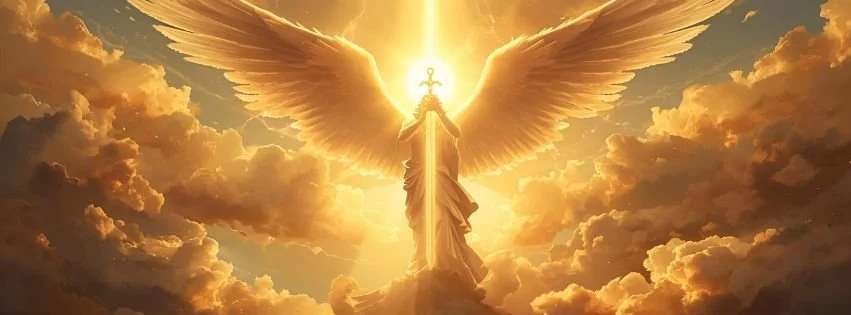 A majestic angel with large wings and a glowing sword, enveloped in radiant light, standing among clouds in a heavenly sky.