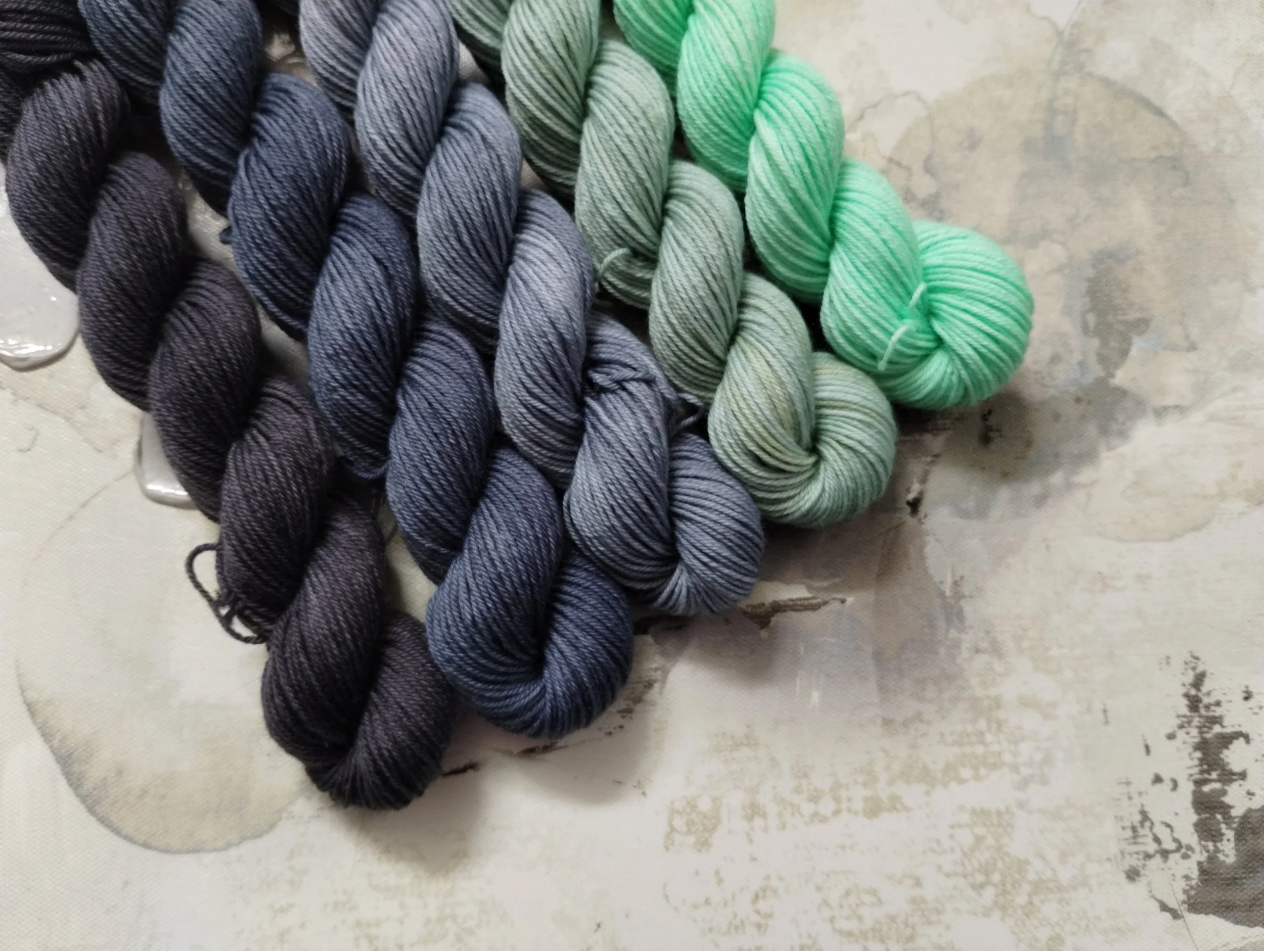 Shadow gradient set, Hand Dyed Yarn / Handdyed yarn, Sock Yarn, Wool yarn - Black, Blue, Jade, Mint Green - 10g, 20g, and 50g sets