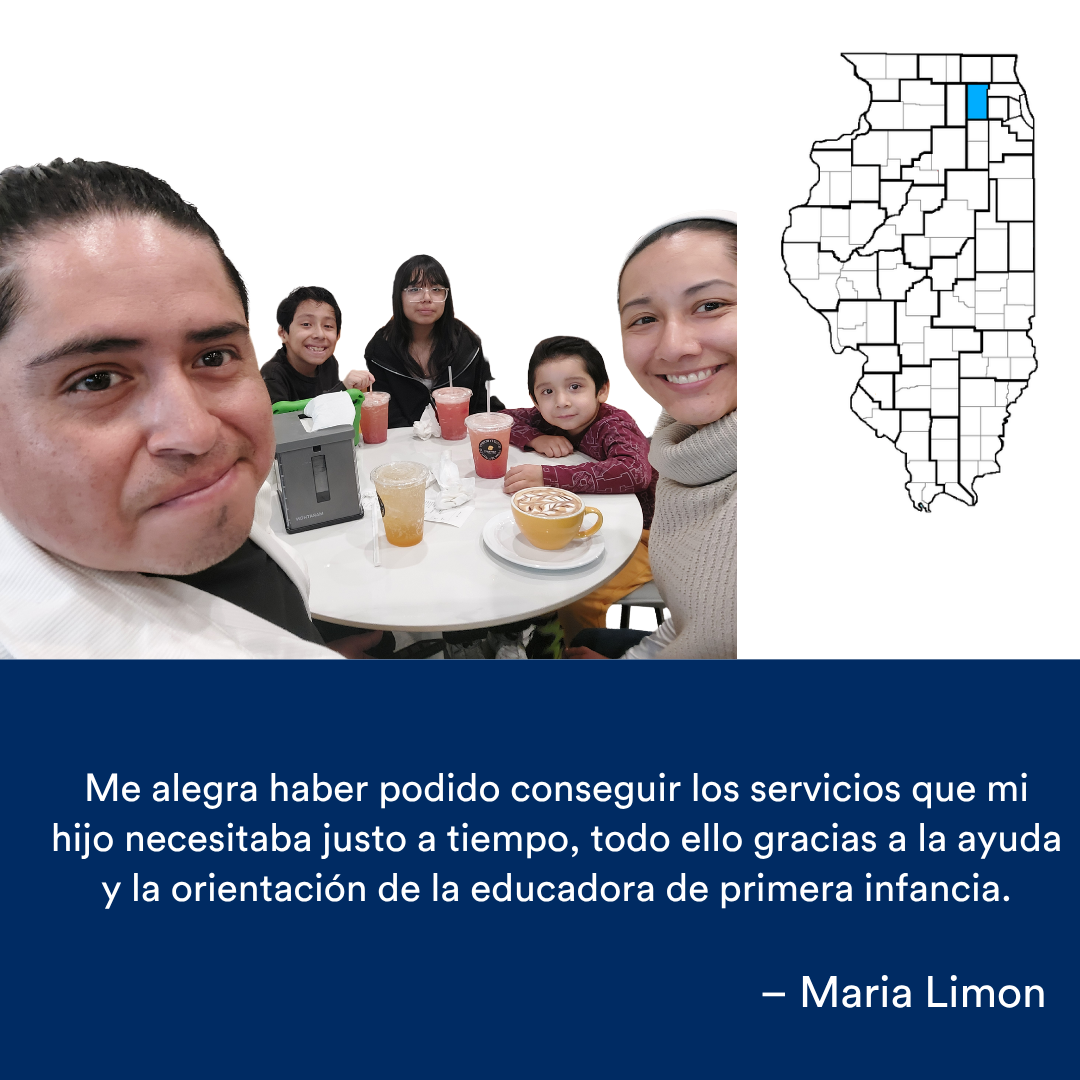 Una familia de cuatro personas sentada en un restaurante. Una cita de la historia se encuentra al final. El mapa de Illinois con una región resaltada en azul está a la derecha.