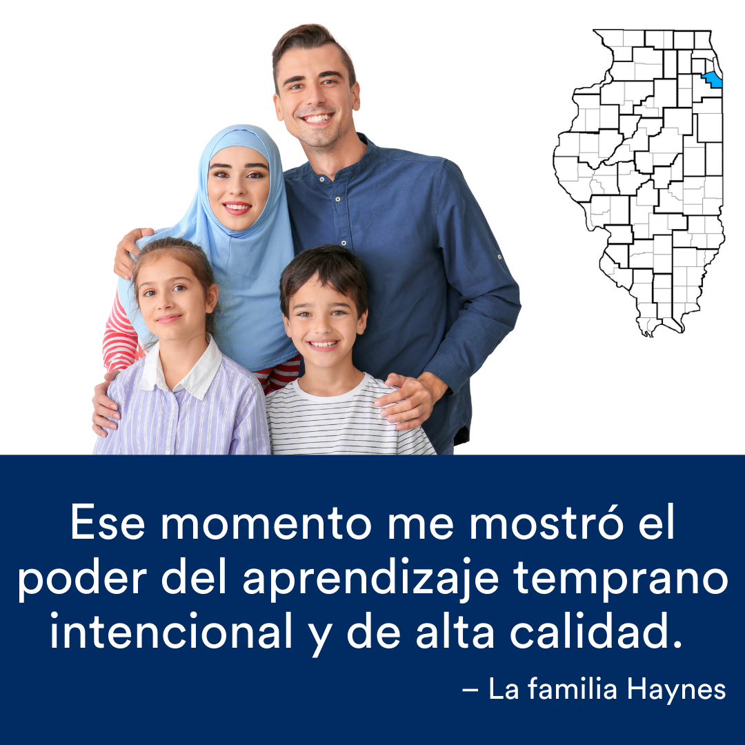 Una familia de cuatro personas sonríe a la cámara. Una cita de la historia se encuentra al final. El mapa de Illinois con una región resaltada en azul está a la derecha.