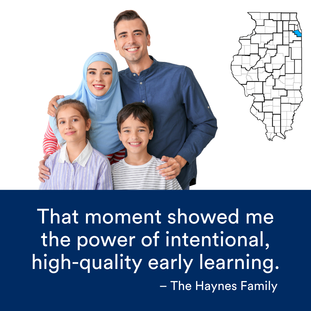 A family of four smiles at the camera. A quote from the story is at the bottom. The Illinois map with a Region highlighted in blue is to the right.