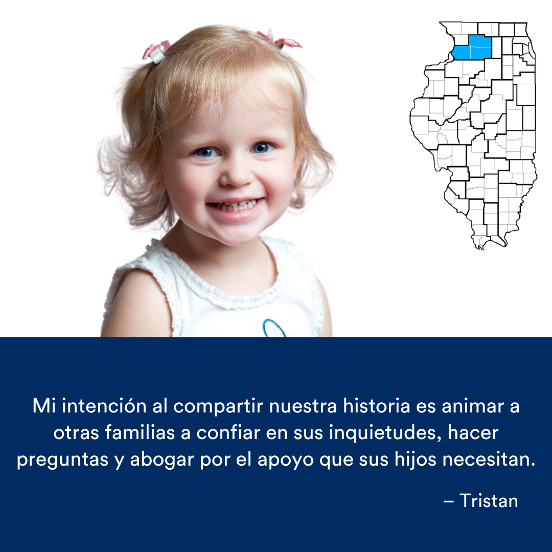 Una niña rubia sonriendo y mostrando los dientes a la cámara. Una cita de la historia se encuentra al final. El mapa de Illinois con una región resaltada en azul está a la derecha.