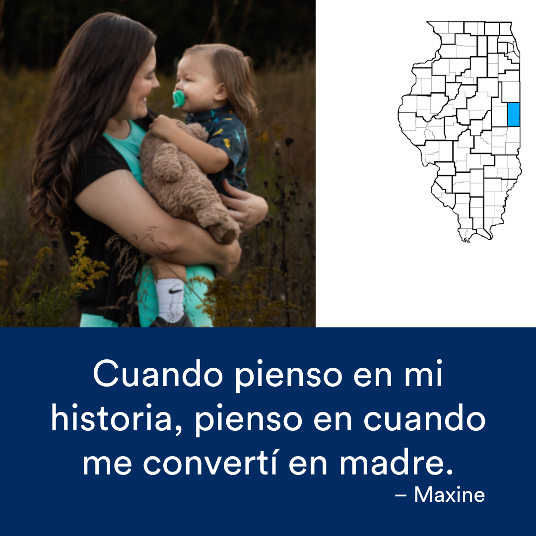 Una madre sosteniendo a su hijo. Una cita de la historia se encuentra al final. El mapa de Illinois con una región resaltada en azul está a la derecha.
