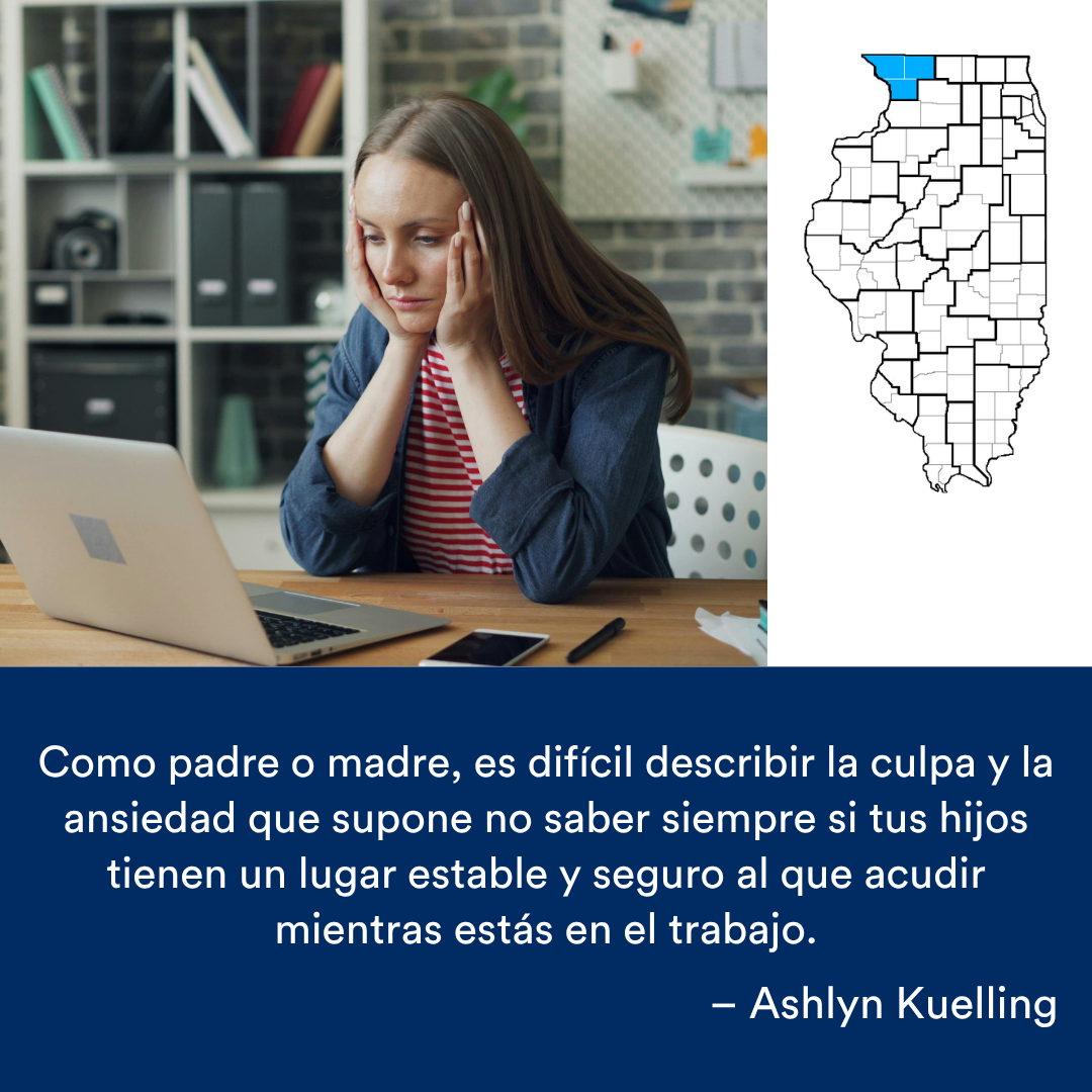 Una persona con expresión preocupada mientras mira fijamente su portátil. Una cita de la historia se encuentra al final. El mapa de Illinois con una región resaltada en azul está a la derecha.