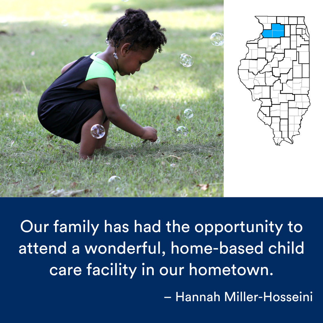 A child playing with bubbles. A quote from the story is at the bottom. The Illinois map with a Region highlighted in blue is to the right.