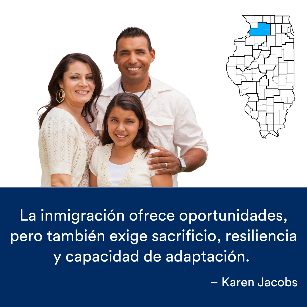 Una familia de tres personas sonriendo juntas. Una cita de la historia se encuentra al final. El mapa de Illinois con una región resaltada en azul está a la derecha.