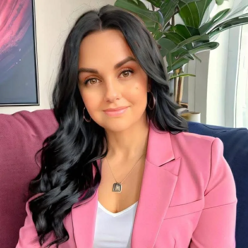 A headshot of Brittany Gowler. Brittany has dark, long wavy hair and is smiling. Brittany is wearing a white top beneath a pink jacket.