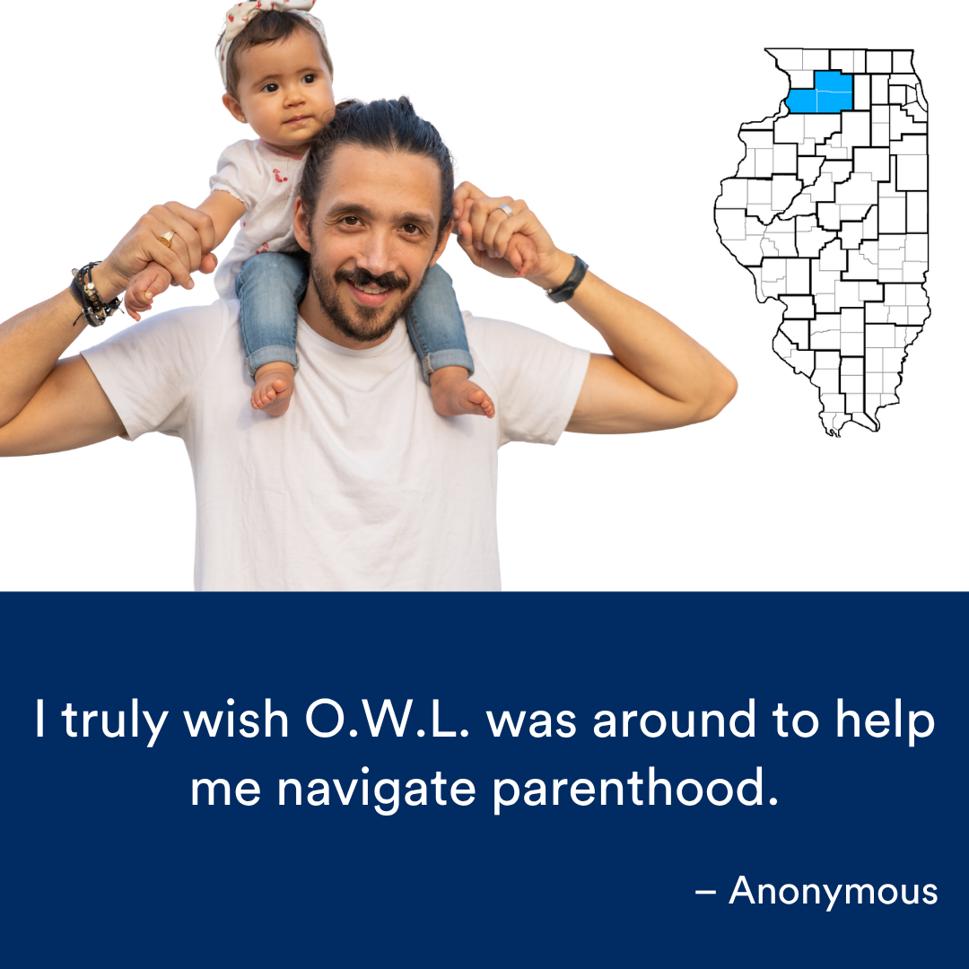 A person with a child sitting on their shoulders. A quote from the story is at the bottom. The Illinois map with a Region highlighted in blue is to the right.