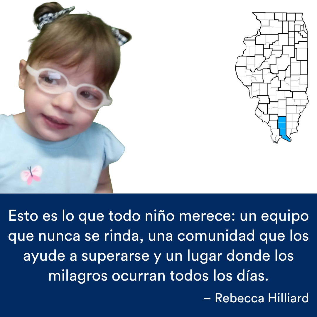 Una foto de la niña con gafas. Una cita de la historia se encuentra al final. El mapa de Illinois con una región resaltada en azul está a la derecha.
