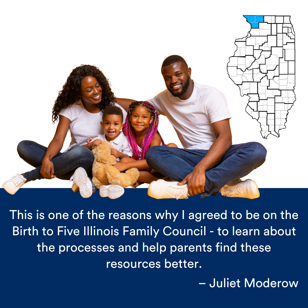 A family of four sitting on the ground, smiling. A quote from the story is at the bottom. The Illinois map with a Region highlighted in blue is to the right.