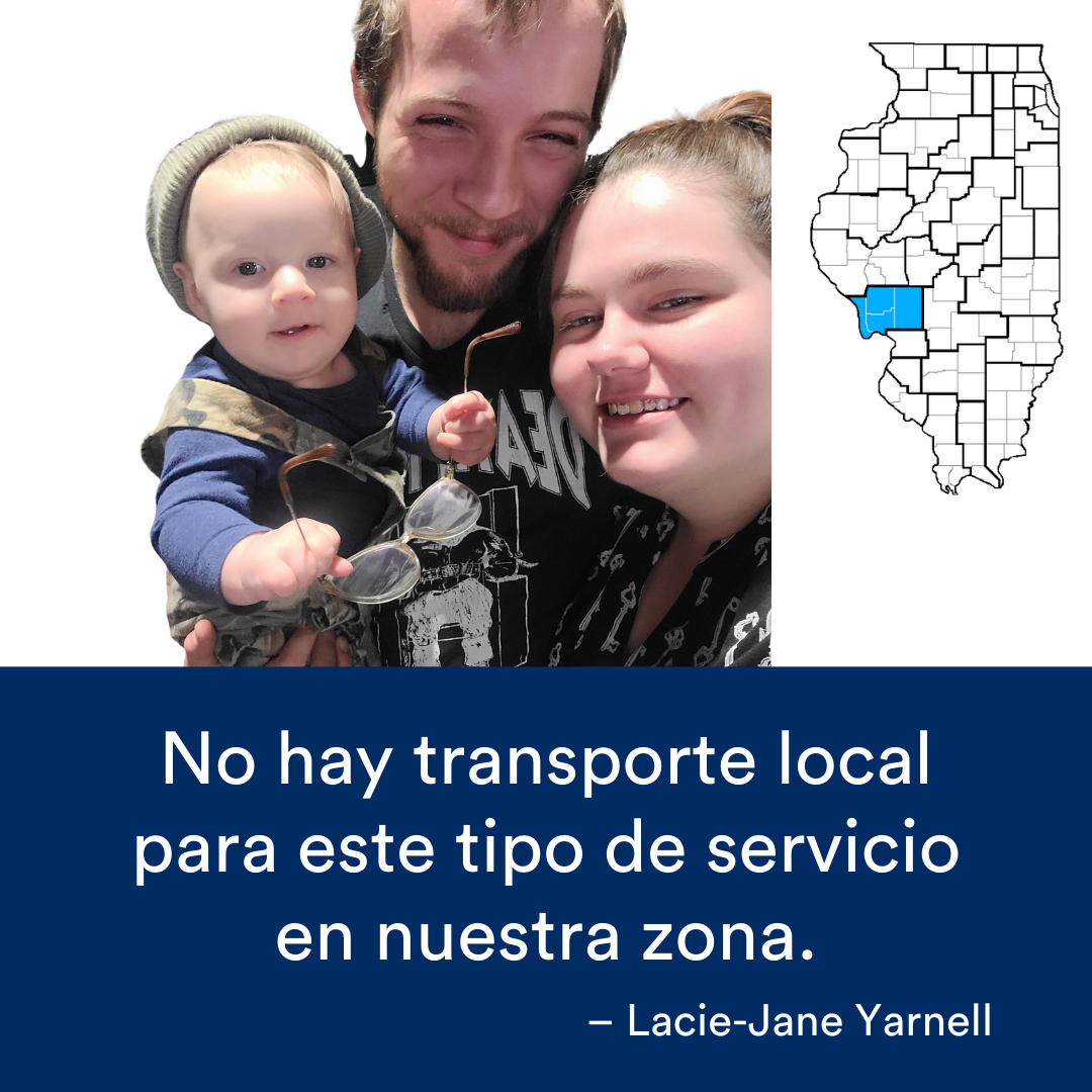 Una foto de dos padres sonriendo mientras sostienen a su hijo. Una cita de la historia se encuentra al final. El mapa de Illinois con una región resaltada en azul está a la derecha.