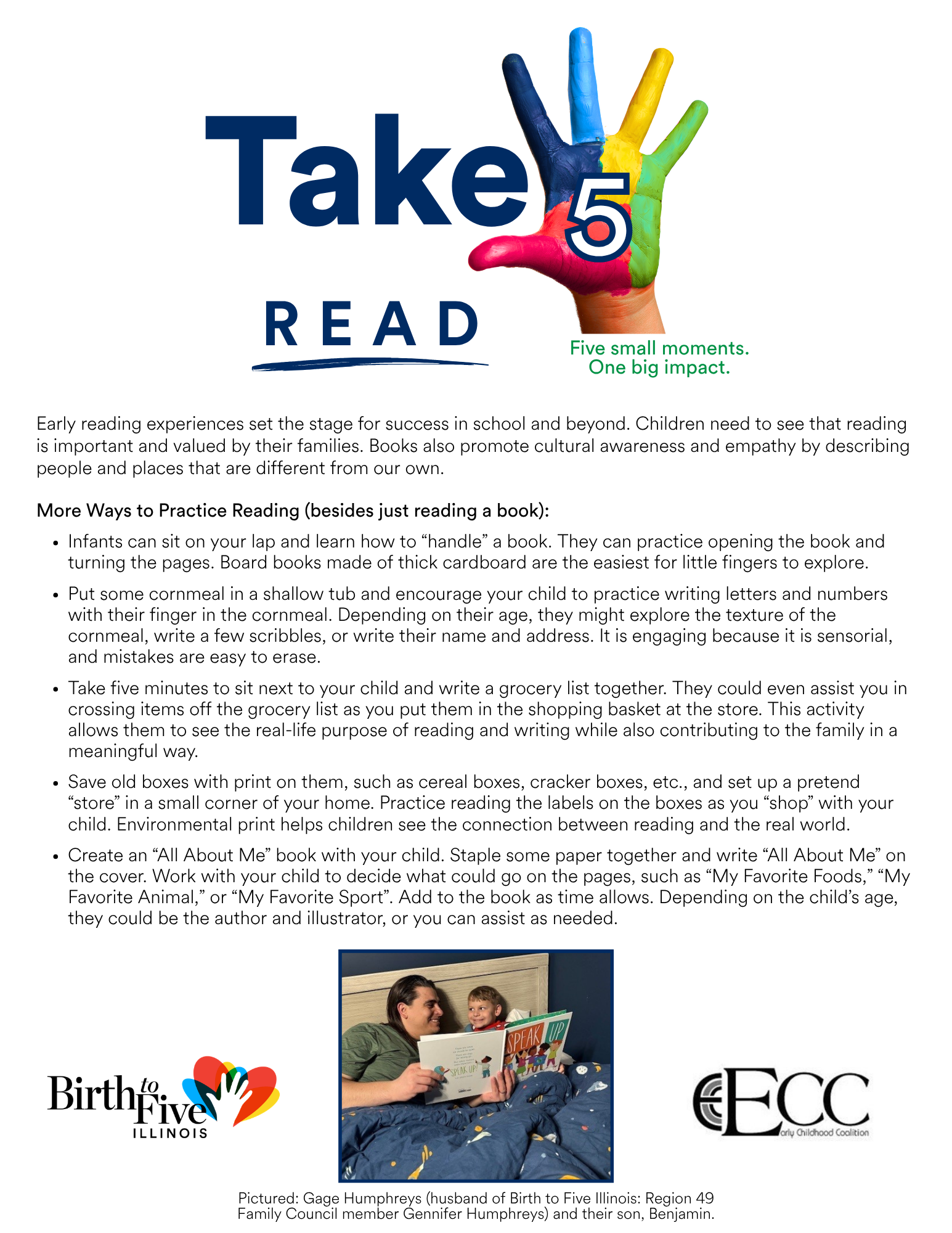 Image of Take 5: Read flyer with examples of how caregivers can take 5 to read with their child/children.