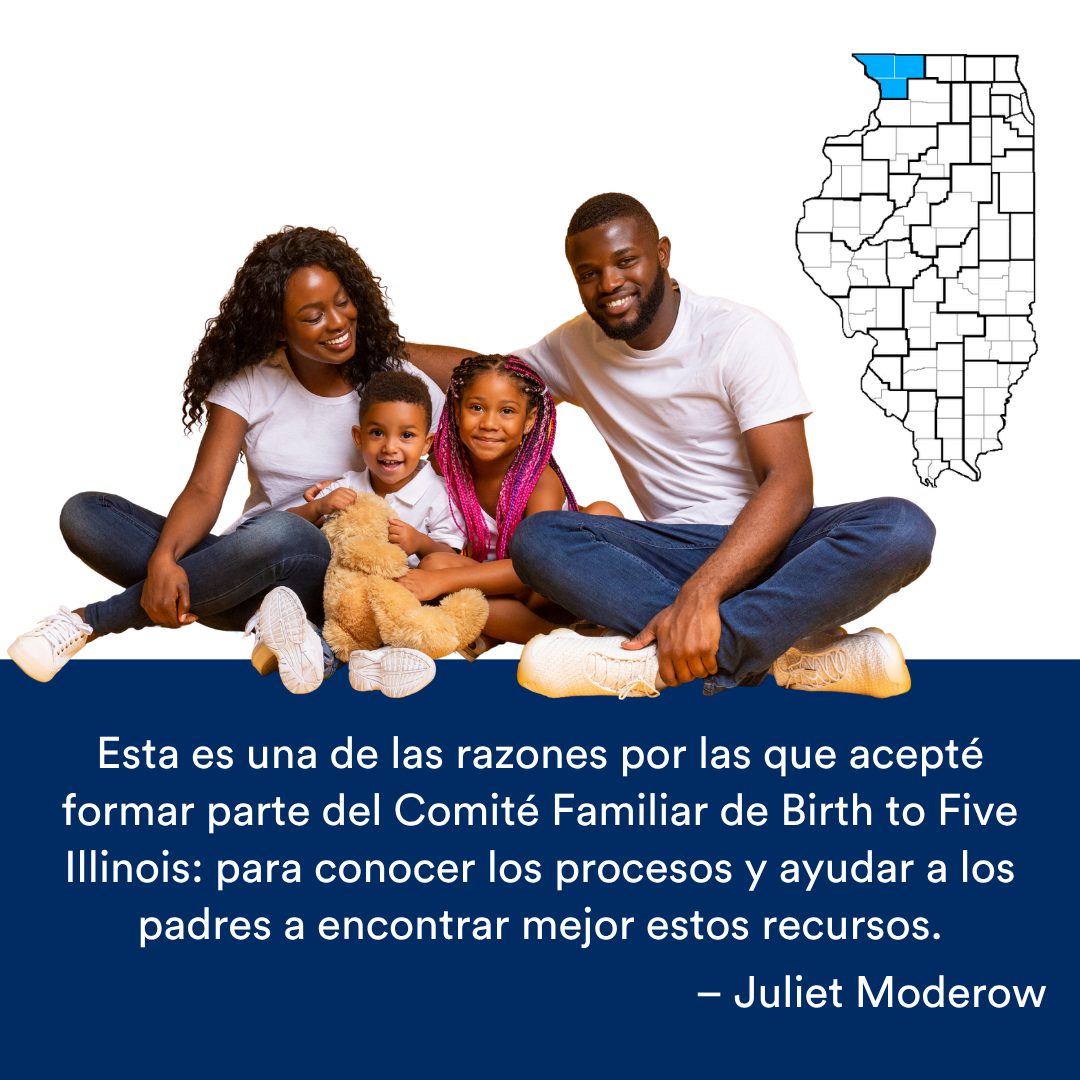 Una familia de cuatro personas sentada y sonriendo. Una cita de la historia se encuentra al final. El mapa de Illinois con una región resaltada en azul está a la derecha.