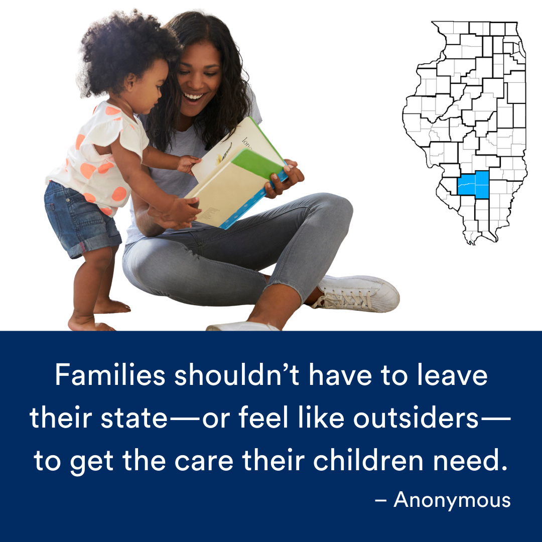 A photo of an adult and a child looking at a book. A quote from the story is at the bottom. The Illinois map with a Region highlighted in blue is to the right.