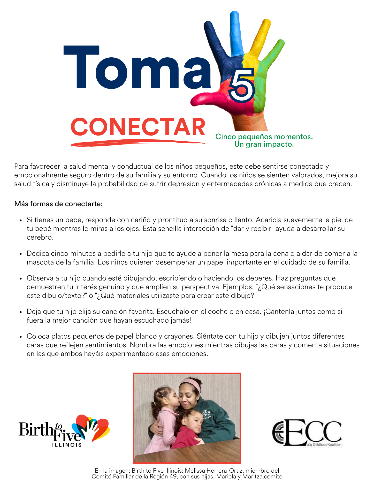 Imagen del folleto Toma 5: Conectar, con ejemplos de cómo los cuidadores pueden dedicar 5 minutos a conectar con sus hijos.