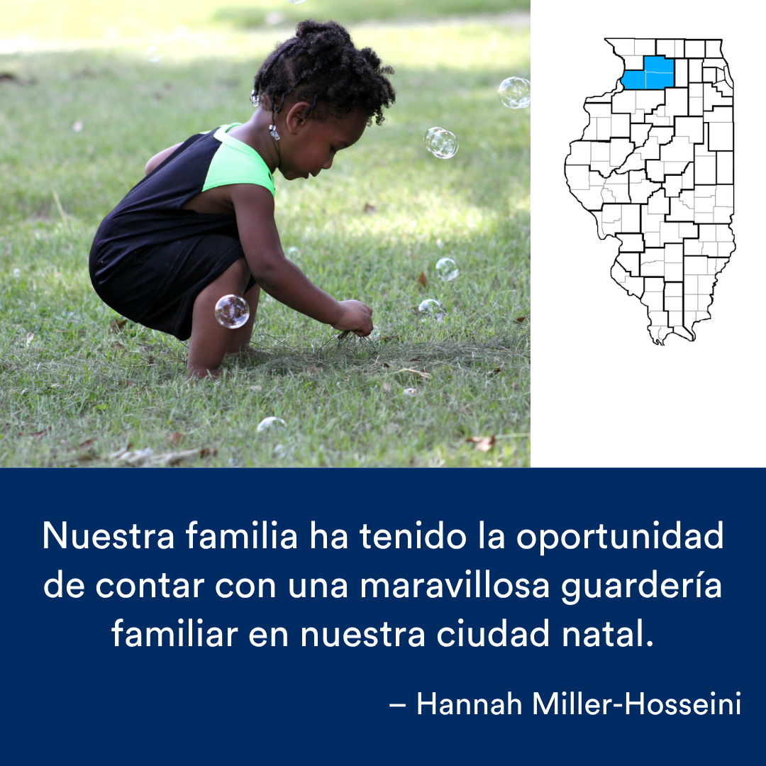 Una niña jugando con burbujas. Una cita de la historia se encuentra al final. El mapa de Illinois con una región resaltada en azul está a la derecha.