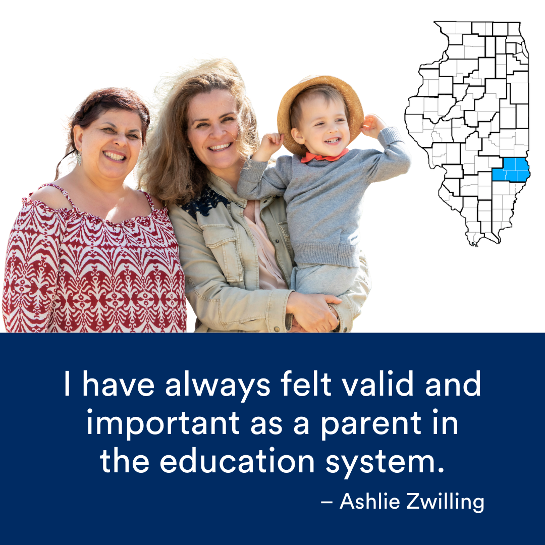 An image of two women. One is holding a child. A quote from the story is at the bottom. The Illinois map with a Region highlighted in blue is to the right.