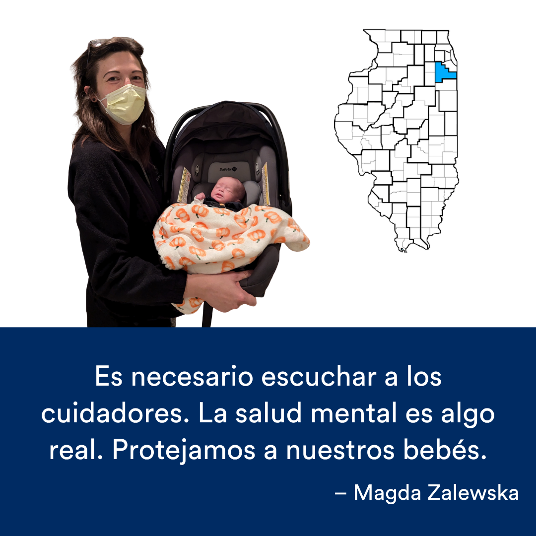 Una madre sosteniendo a su bebé en una silla de coche. Una cita de la historia se encuentra al final. El mapa de Illinois con una región resaltada en azul está a la derecha.