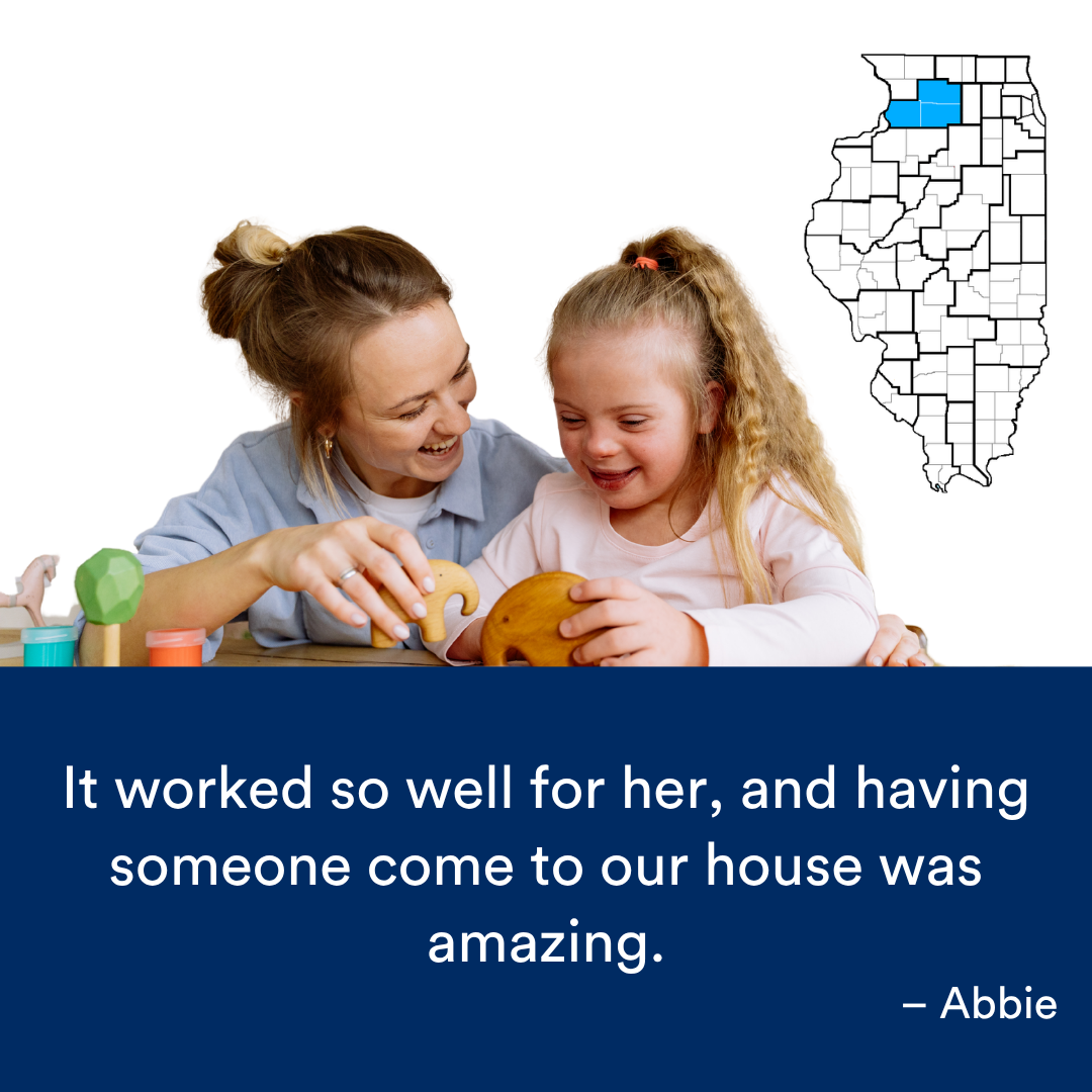 A person and a child playing with blocks. A quote from the story is at the bottom. The Illinois map with a Region highlighted in blue is to the right.