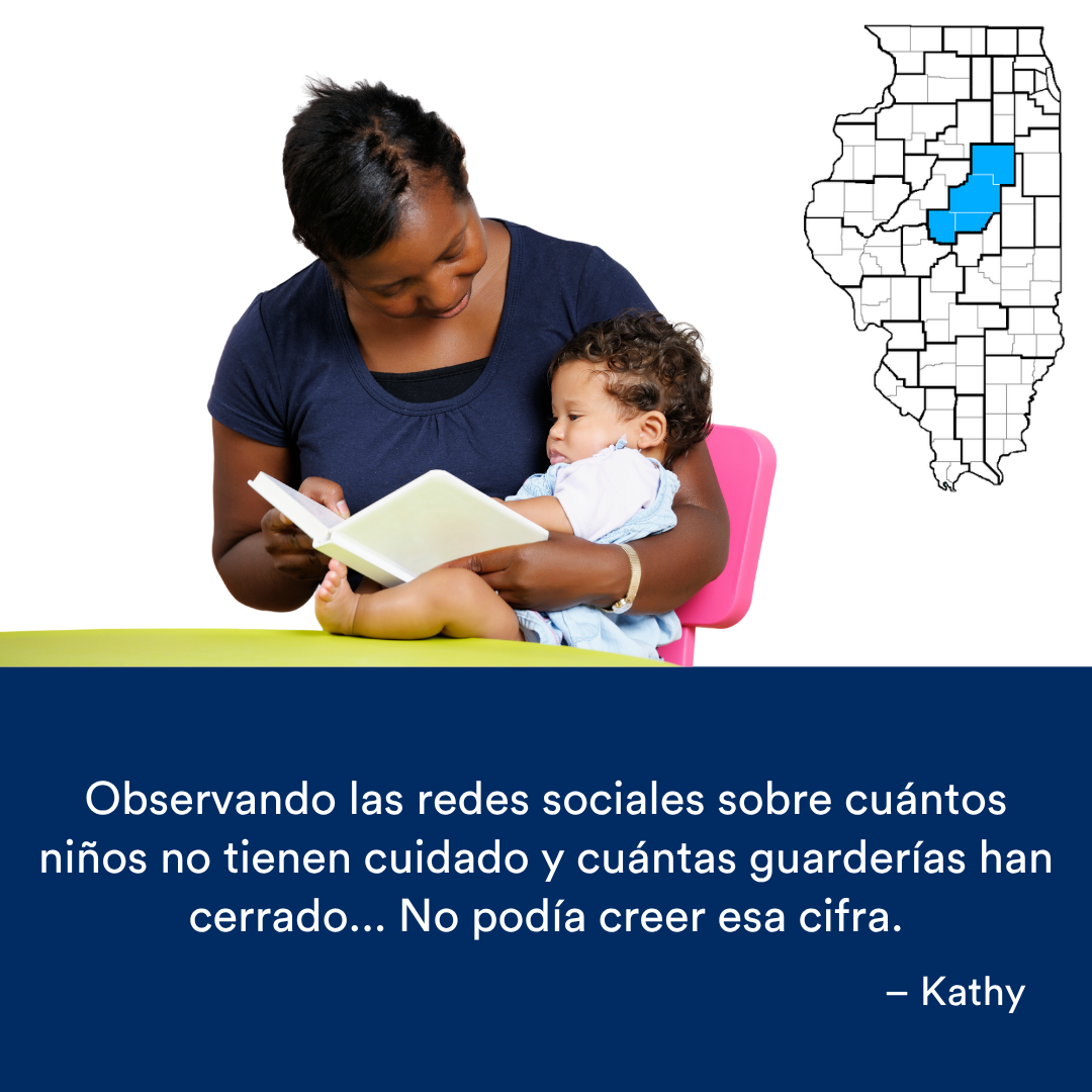 Un maestro sosteniendo a un bebé. Una cita de la historia se encuentra al final. El mapa de Illinois con una región resaltada en azul está a la derecha.