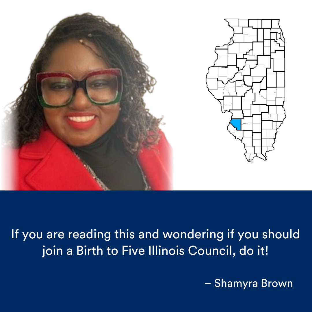 A person with colorful glasses smiling at the camera. A quote from the story is at the bottom. The Illinois map with a Region highlighted in blue is to the right.