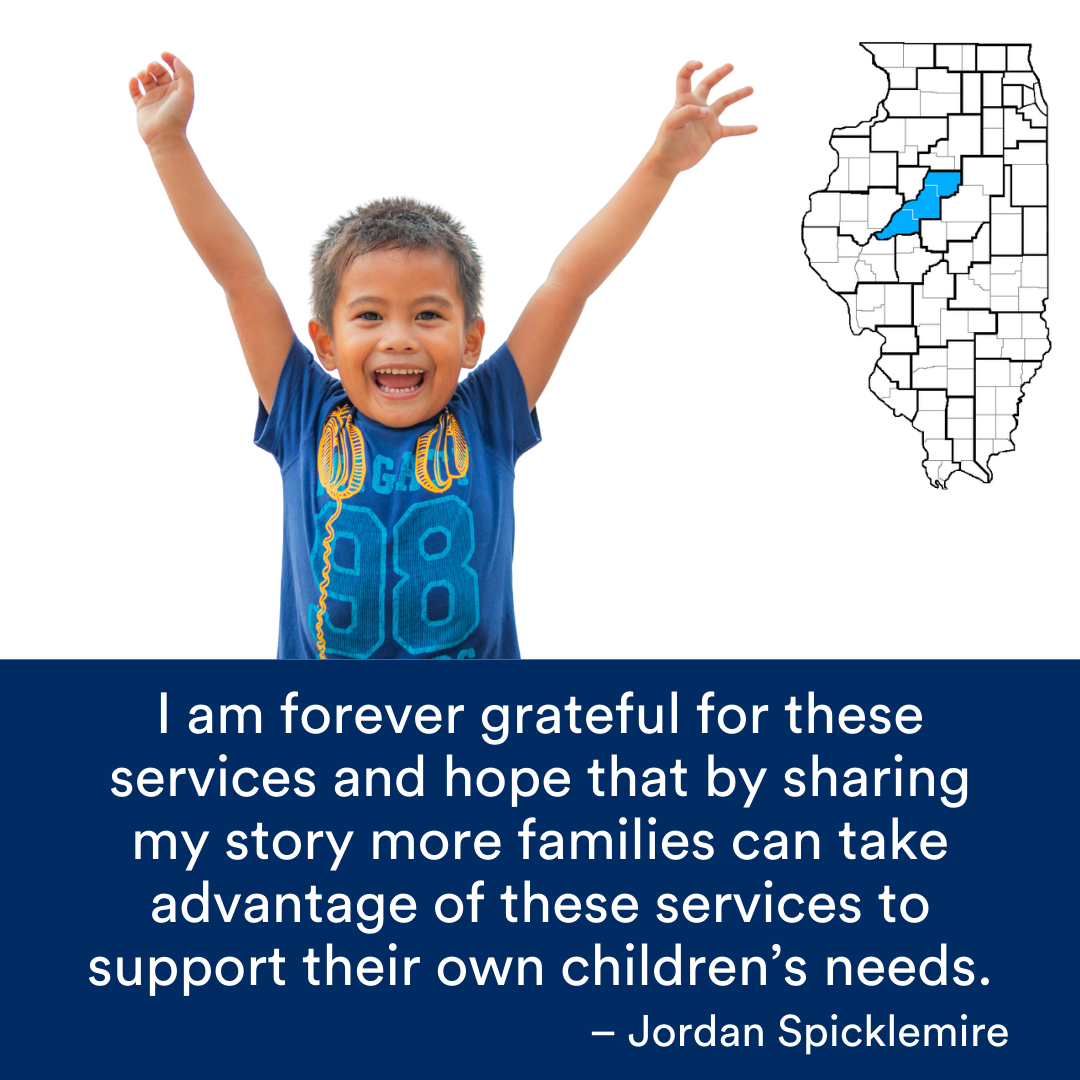 A child smiling with their arms in the air. A quote from the story is at the bottom. The Illinois map with a Region highlighted in blue is to the right.