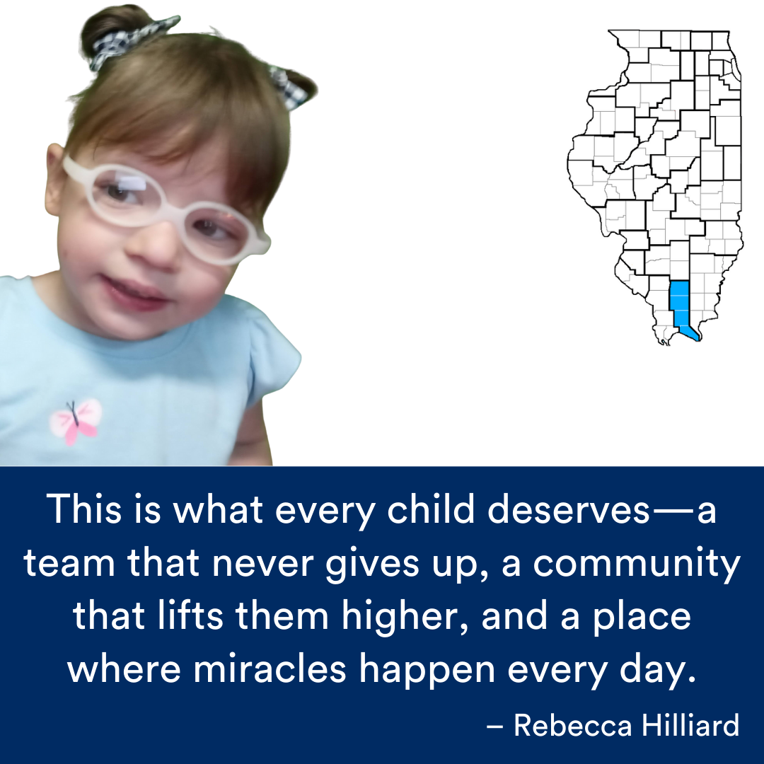 A photo of child wearing glasses. A quote from the story is at the bottom. The Illinois map with a Region highlighted in blue is to the right.