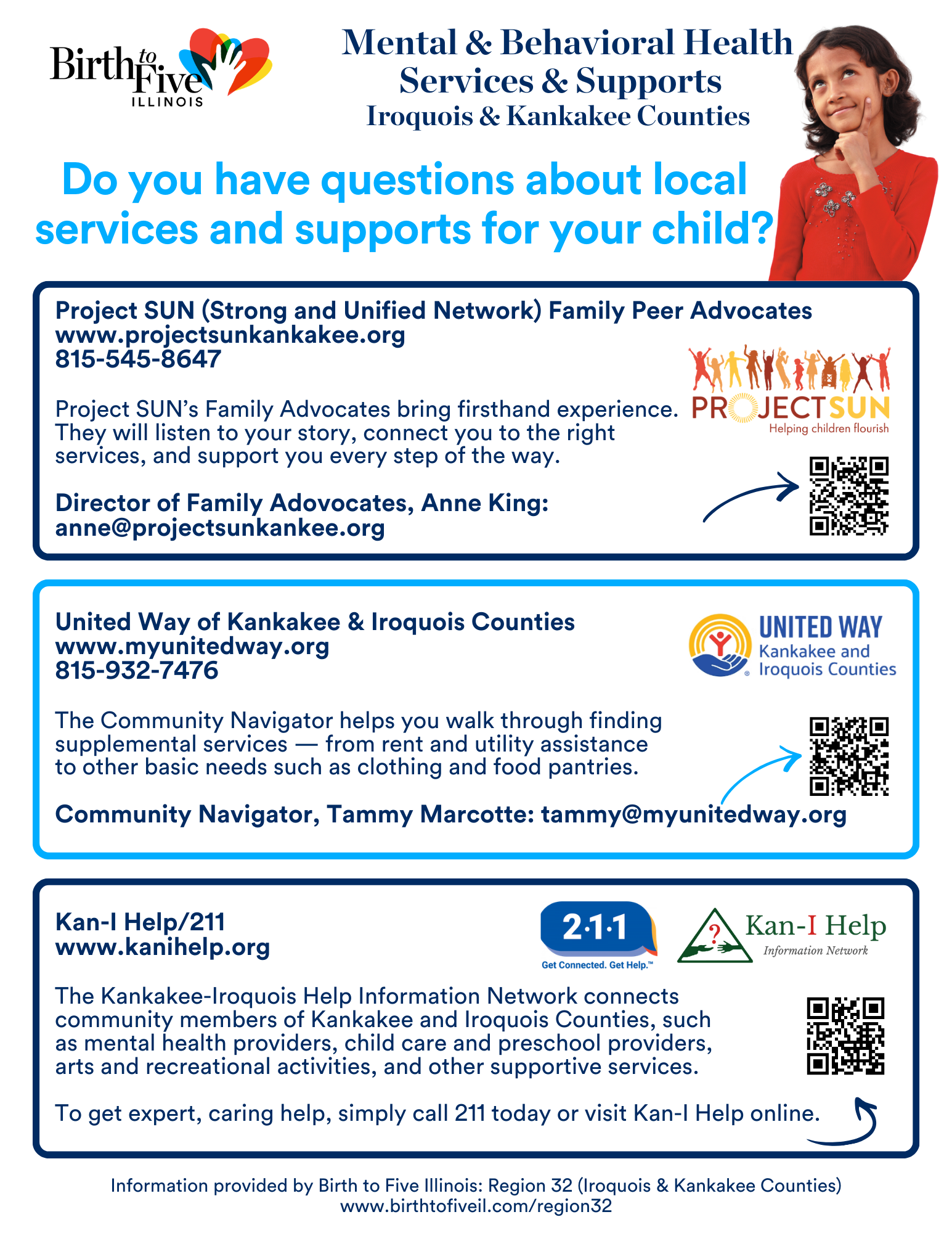 Flyer of mental and behavioral health supports for Iroquois and Kankakee Counties.