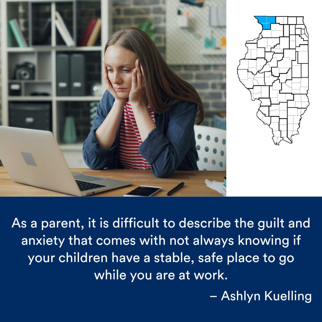 A person looking worried as they look at their laptop. A quote from the story is at the bottom. The Illinois map with a Region highlighted in blue is to the right.