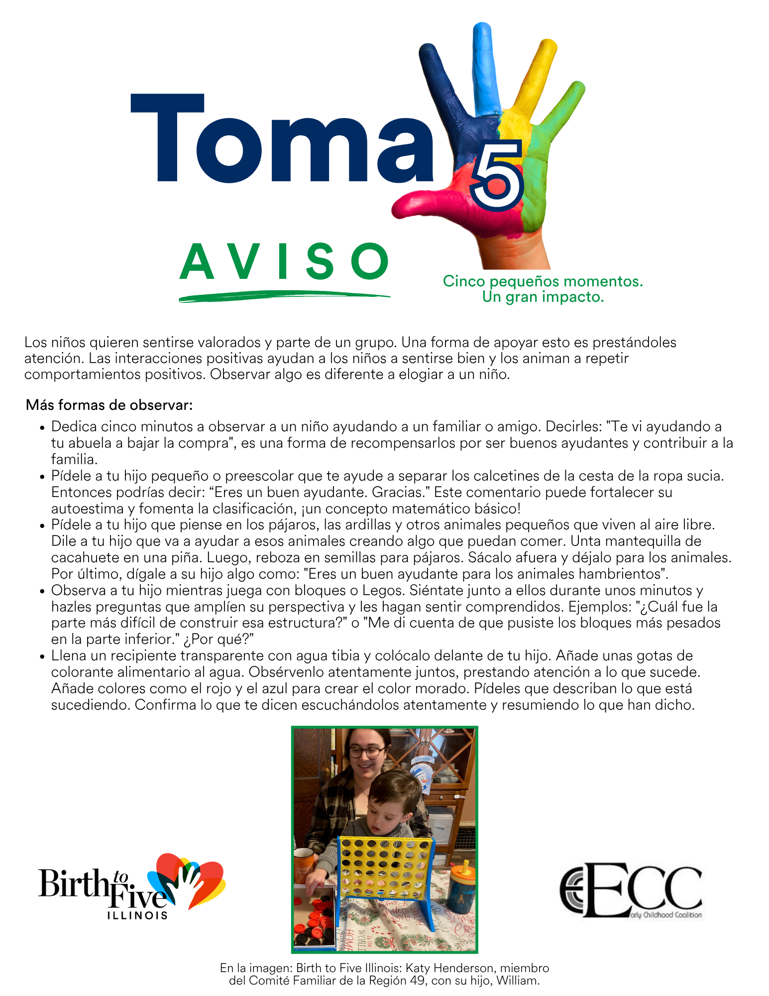 Imagen del folleto Toma 5: Aviso con ejemplos de cómo los cuidadores pueden tomarse 5 minutos para hacer una pausa e interactuar con sus hijos.