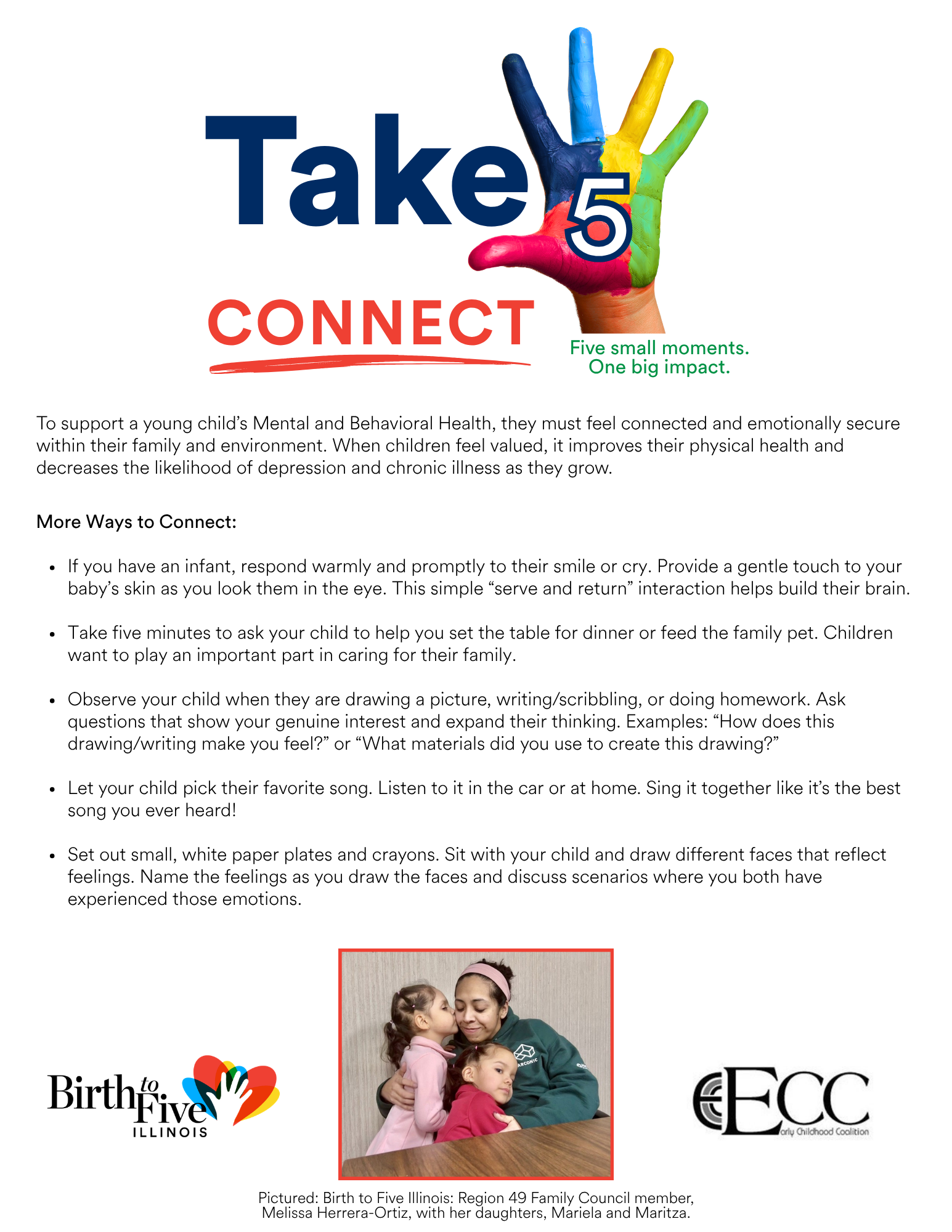 Image of Take 5: Connect flyer with examples of how caregivers can take 5 to connect with their child/children.
