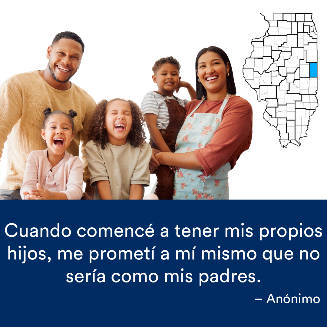 Una familia de cinco personas sonriendo y riendo a la cámara. Una cita de la historia se encuentra al final. El mapa de Illinois con una región resaltada en azul está a la derecha.